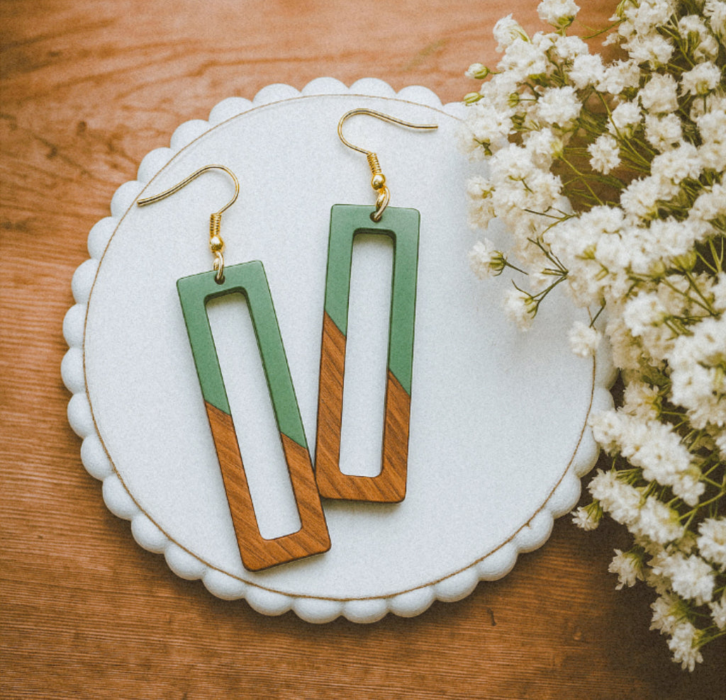 Rectangular Green Resin and Wood Earrings